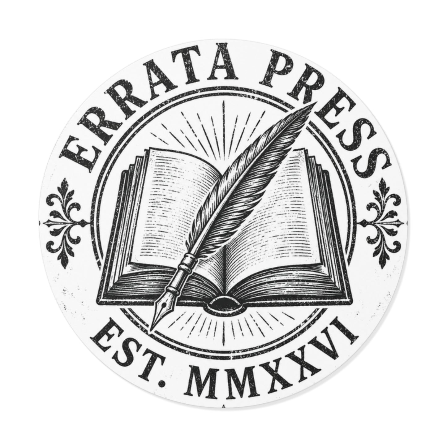 Round Vinyl Sticker — Vintage Quill & Open Book ‘Errata Press’ (Est. MMXXVI)