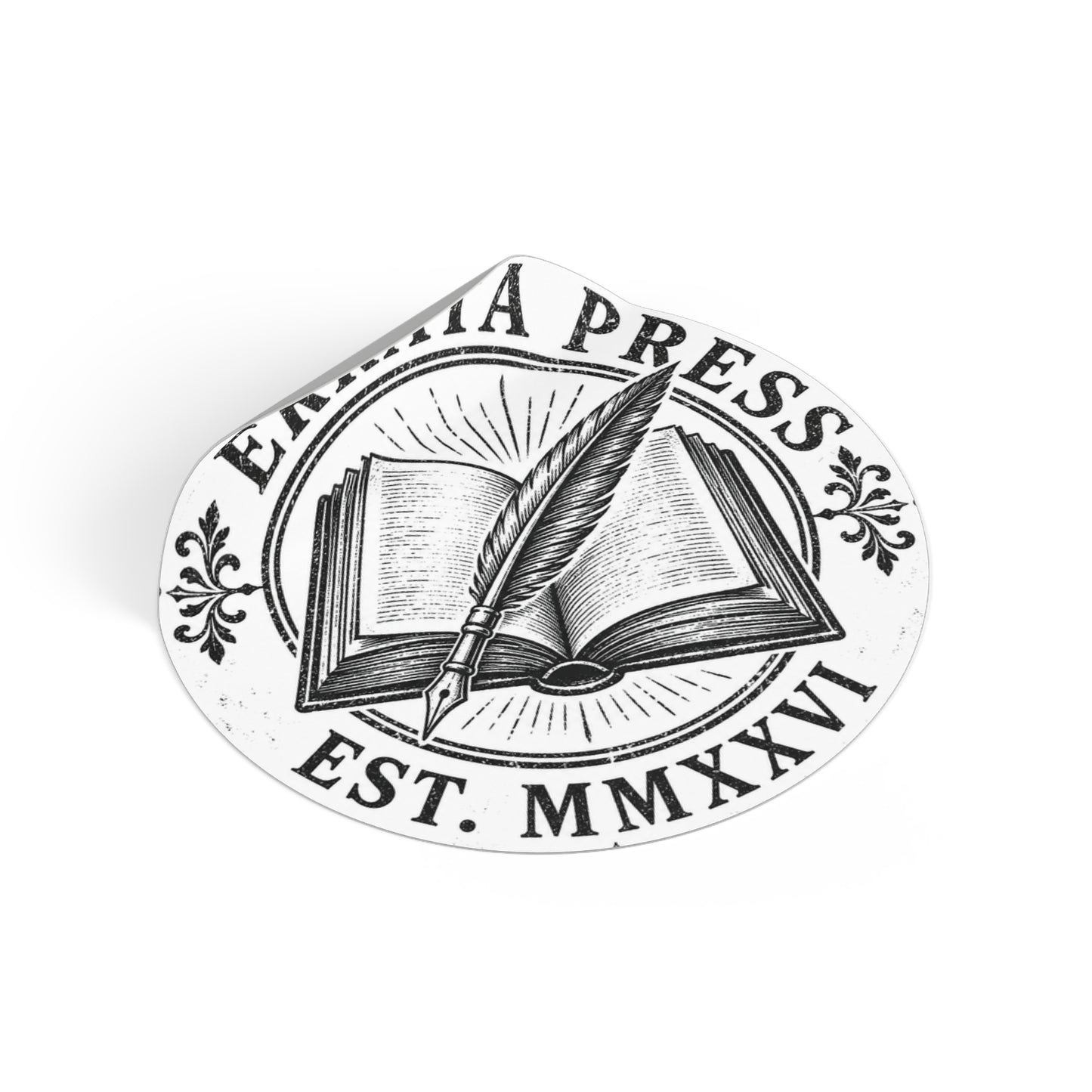 Round Vinyl Sticker — Vintage Quill & Open Book ‘Errata Press’ (Est. MMXXVI)
